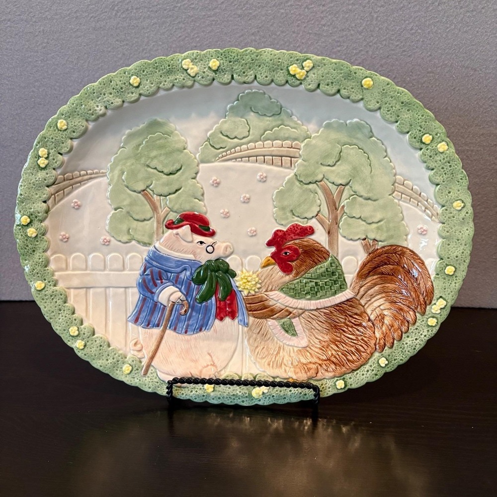 VTG Fitz & Floyd 1988 Ceramic Wall/Platter Bacon & Eggs Farm Scene 3D Glossy 16"